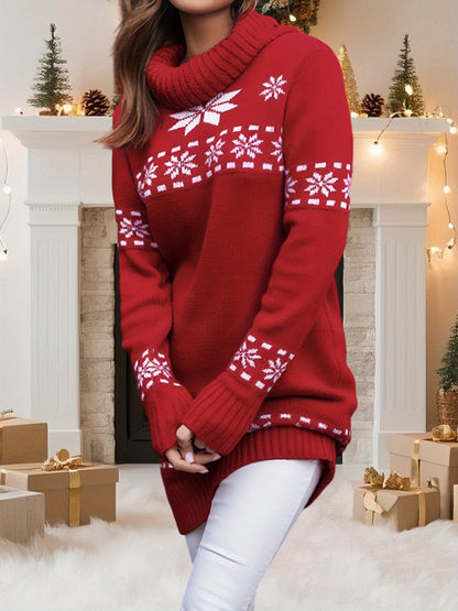 Suéter Vermelho de Natal para Mulheres com Estampa Branca em Floco - Sueter Aconchegante e Solto, Manga Longa Gola Alta Tamanha Mediano Casual Inverno Ideal Para Festas & Looks Descontraídos do Dia a dia. Malhas Confortáveis Lavagem à mão Design Relaxado Com Colarinho E Punhos Em Destaque Tecido Macio Perfeito Pro Encontros Socais Feriados
