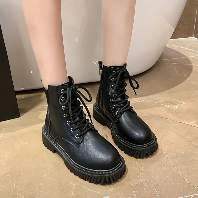 Women's Solid Color Platform Short Boots, Fashion Lace Up Side Zipper Ankle Boots, Women's Comfortable Boots