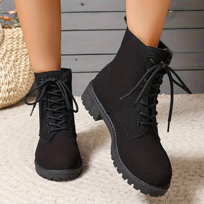 Women'S British Style Black High-Top Ankle Boots - Casual Winter Lace-Up Short Boots with Flat Rubber Sole, Round Toe & Fabric Upper for Casual Attire, Winter Boots, Round Toe Design, Durable Rubber Sole