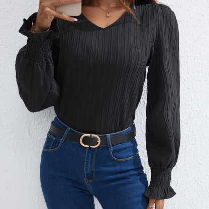 Elegant V Neck Textured Blouse with Shirred Cuffs
