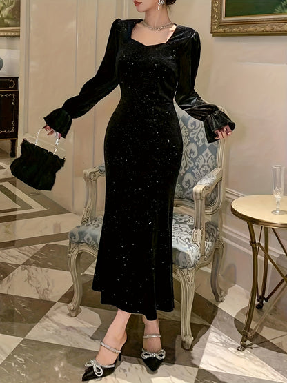 Vestido de Noite Elegante e Brilhante de Sereia Preto - Manga Longa, Decote Quadrado, Comprimento Total, Vestido Formal para Convidados de Casamento com Cauda, Zíper nas Costas e Saia Evasê, Lavável na Máquina para Festas e Formaturas