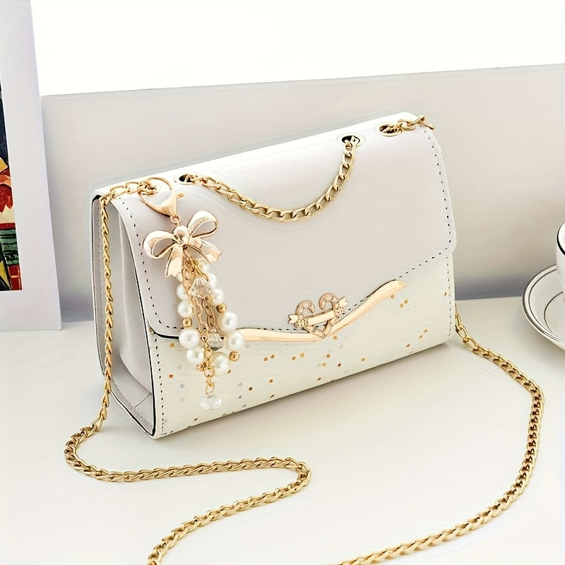 Elegant Sequin and Pearl Embellished Messenger Bag with Golden Chain Strap | Fashion Flip Cover, Adjustable Shoulder Strap, Ideal for Parties and Gifts, White Ivory Color, Magnetic Snap Closure, Dual Large Compartments