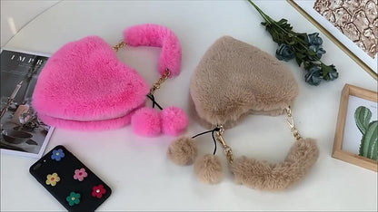 Women's Plush Heart-Shaped Shoulder Bag with Fluffy Pom-Pom Accent - Soft Imitation Fur Handbag, Zipper Closure & Wrist Strap, Cozy Winter Bag in Beige/Pink/White/Red/Black, Versatile for Everyday & Special Occasions