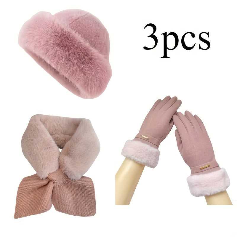Conjunto de acessórios de inverno para mulheres, 3 peças, luvas de fleece espessas, lenço e chapéu, adequado para o tempo frio e atividades ao ar livre, para todas as estações, leve, ajustado, fecho de fivela, tecido, apenas lavagem à mão, acessórios de inverno | Luvas de fleece | Chapéu de fleece, roupas de inverno