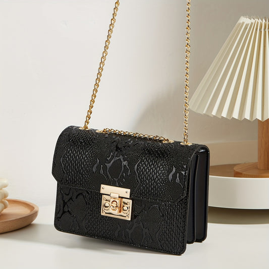 Vintage Women's Crossbody Bag - Black Synthetic Leather with Golden-Tone Chain Strap, Crocodile Texture Design, Detachable Shoulder Purse, Elegant Evening Clutch for Formal Occasions, Purse Crossbody