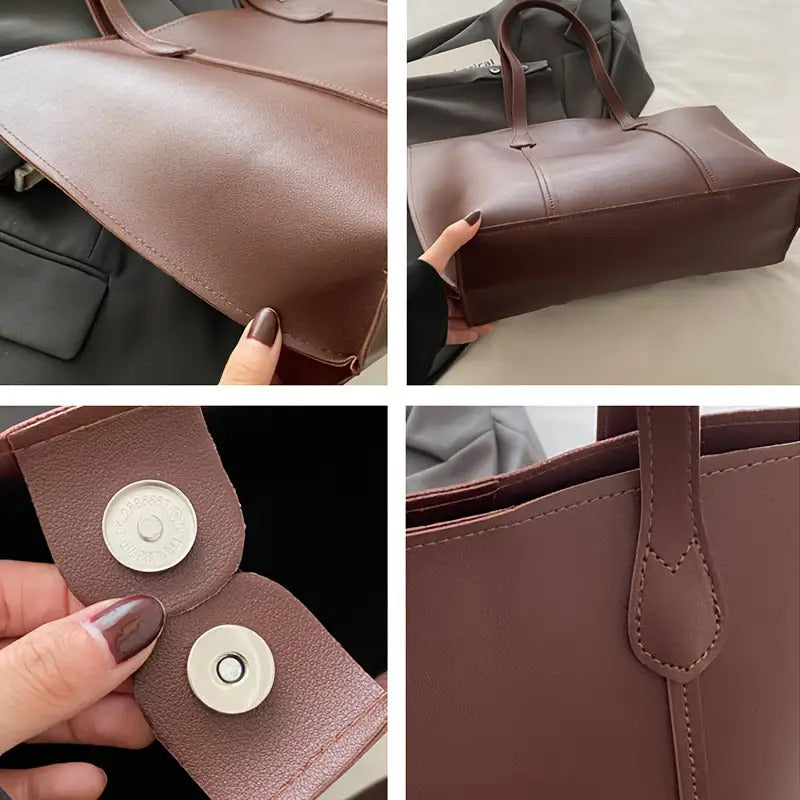 Women'S Large Capacity Tote - Elegant Minimalist Hand with Golden-Tone Hardware & Buckle Closure, Fixed Strap & Detachable Strap, Golden-Tone Hardware, Versatile For Work, Travel