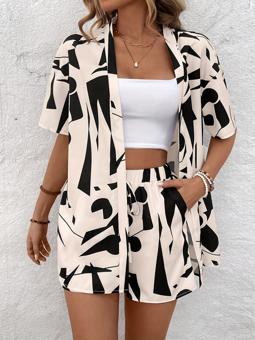 Women'S Casual Printed Shorts Set, Short Sleeve Open Front Shirt and Tie Waist Shorts, Women'S Clothing