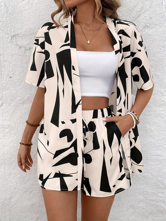 Women'S Casual Printed Shorts Set, Short Sleeve Open Front Shirt and Tie Waist Shorts, Women'S Clothing
