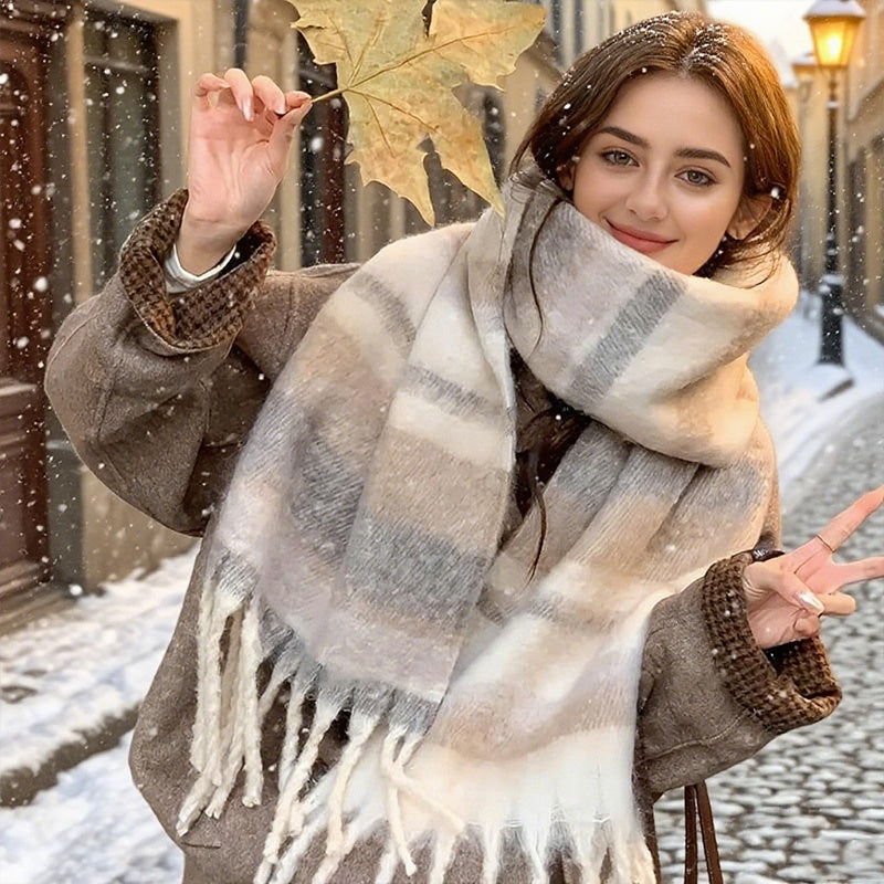 Cachecol Feminino de Inverno Estilo Bohemio com Franja - Xale Grosso à Prova de Vento em Listras Bege/Marrom/Rosa, Ideal para Clima Frio ao Ar Livre, Xale Macio e Quente de Poliéster para Jaquetas e Casacos, Acessório Boho Lavável à Mão