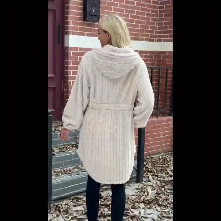 Jaqueta com Capuz de Urso Teddy para Mulheres - Casaco Inverno Bege/Marrom com Acabamento Branco Semelhante a Pele, Gola A-Line Slim-Fit & Botões Frontais Simples em Linha Única, Roupa Externa Lavável à Máquina para Outono/Inverno (Casual e Profissional)