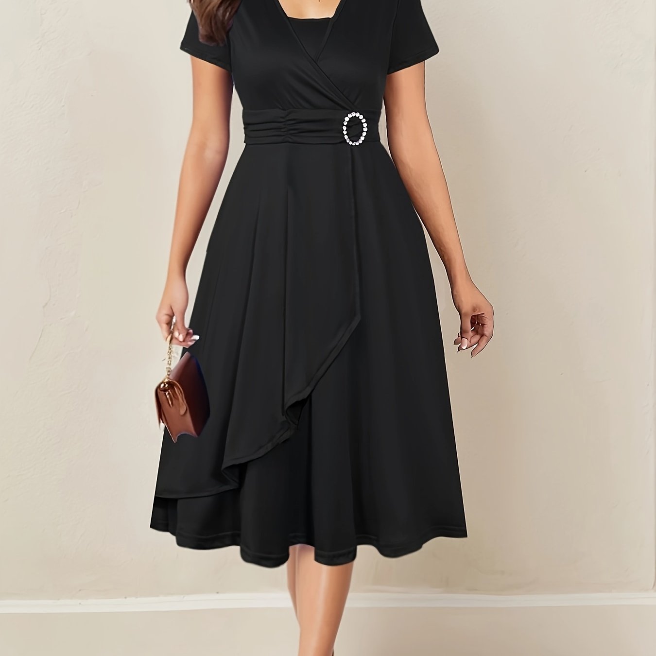 Elegant V-Neck Dress with Asymmetric Waist and Rhinestones