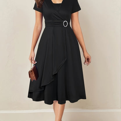 Elegant V-Neck Dress with Asymmetric Waist and Rhinestones