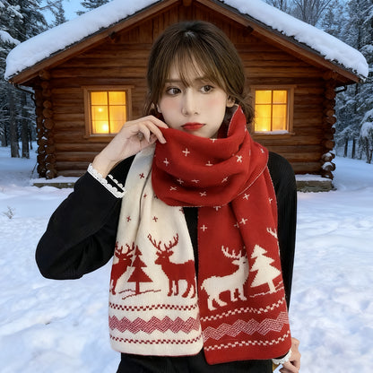 Cachecol Elegante Feminino Vermelho & Árvore de Natal & Rena - Cachecol de Inverno Macio e Quente com Padrões de Flor de Natal & Flocos de Neve, Lavável na Máquina, Presente Festivo de Natal, Perfeito para Roupa de Festa, Cachecol de Natal