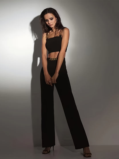 Women'S Elegant Black Two-Piece Wear Set - Crop Top with Golden Chain Straps & High-Waisted Pants, Urban Style, All-Season Comfort, Wear|Chain Accent Top|Comfortable Fit