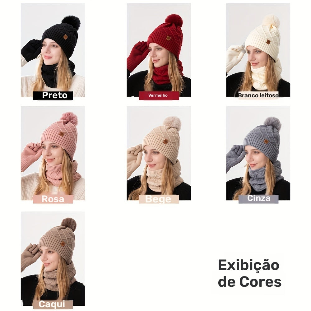 Conjunto de 3 peças para adolescentes: gorro, luvas e cachecol tricotados de inverno, proteção contra vento, touca sem aba, lenço quente, luvas touchscreen - ideal para encontros ao ar livre, festas e presentes de Natal