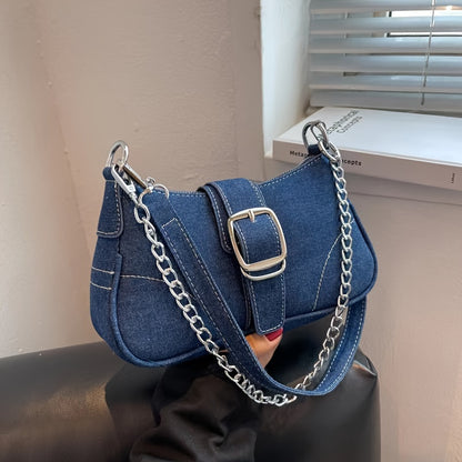 Women'S Denim Shoulder Bag with Chain Strap - Stylish Blue Crossbody Bag, Zipper Closure, Polyester Lining, Perfect for Casual or Fashionable Outfits, Casual Shoulder Bag | Denim Crossbody Bag | Zipper Closure Bag