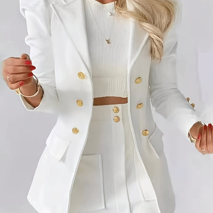 Ladies' Elegant Commuter Notch Lapel Double-Breasted Suit Skirt Set