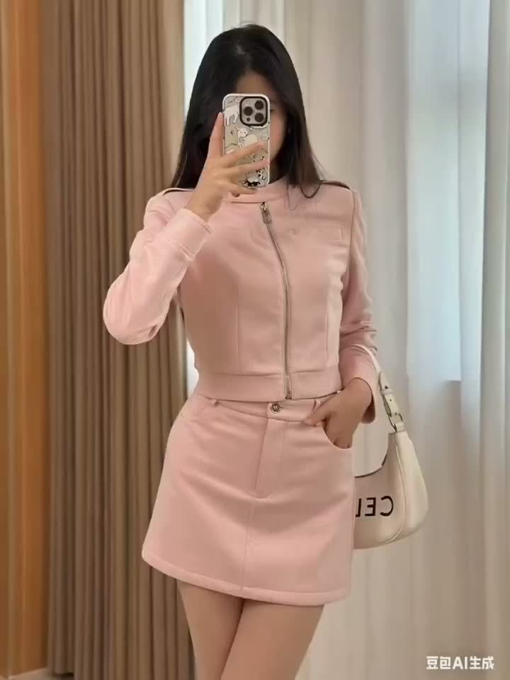 Brown Biker Style Women's Set: Short Zip-Up Jacket + High-Waisted A-Line Skirt with Zipper, Slimming Retro Two-Piece Outfit for Autumn/Winter