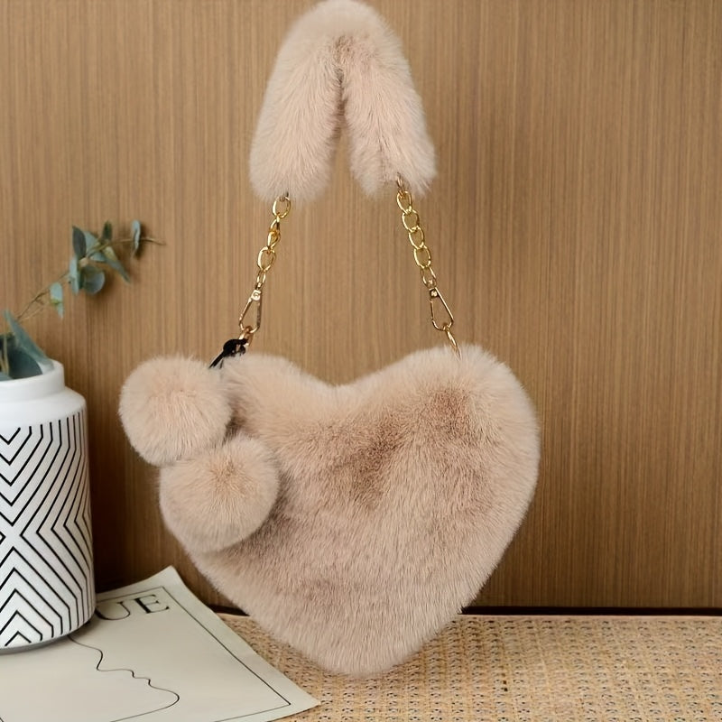 Women's Plush Heart-Shaped Shoulder Bag with Fluffy Pom-Pom Accent - Soft Imitation Fur Handbag, Zipper Closure & Wrist Strap, Cozy Winter Bag in Beige/Pink/White/Red/Black, Versatile for Everyday & Special Occasions