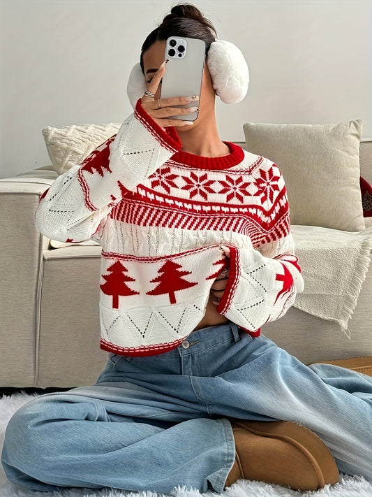Women'S Elegant Red & White Christmas Sweater - Cozy Winter Pullover with Cat Ear Hood, Soft Round Neck Sweater for Holiday Parties, Comfortable Fit, Festive Outfit, Christmas Sweaters