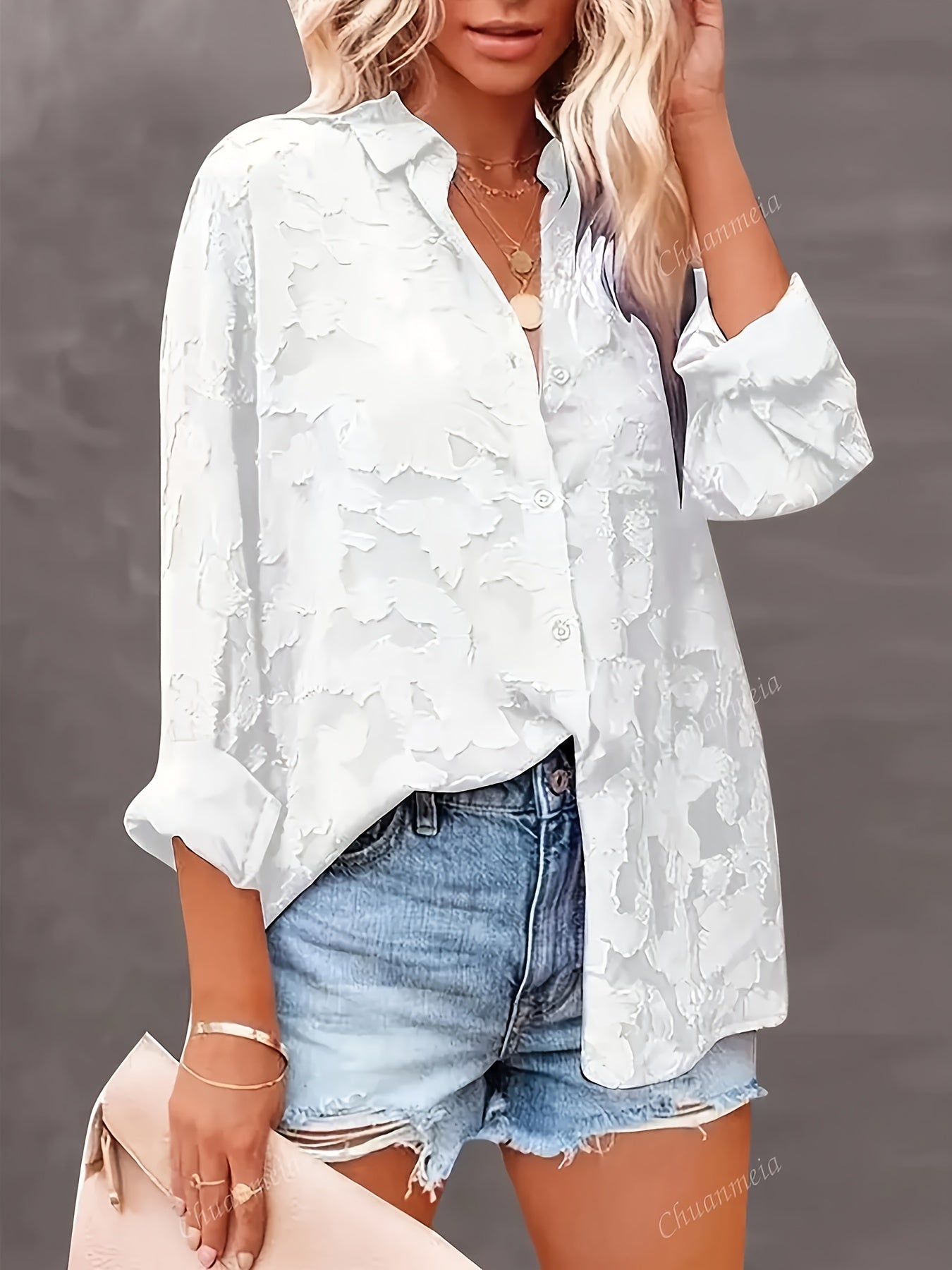 Women's elegant long-sleeve blouse, 100% polyester solid color, button details, fabric, suitable for spring, summer, and autumn