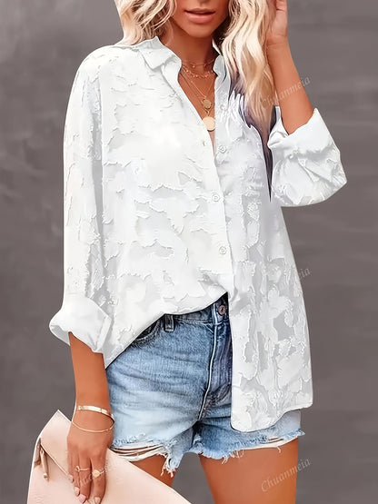 Women's elegant long-sleeve blouse, 100% polyester solid color, button details, fabric, suitable for spring, summer, and autumn