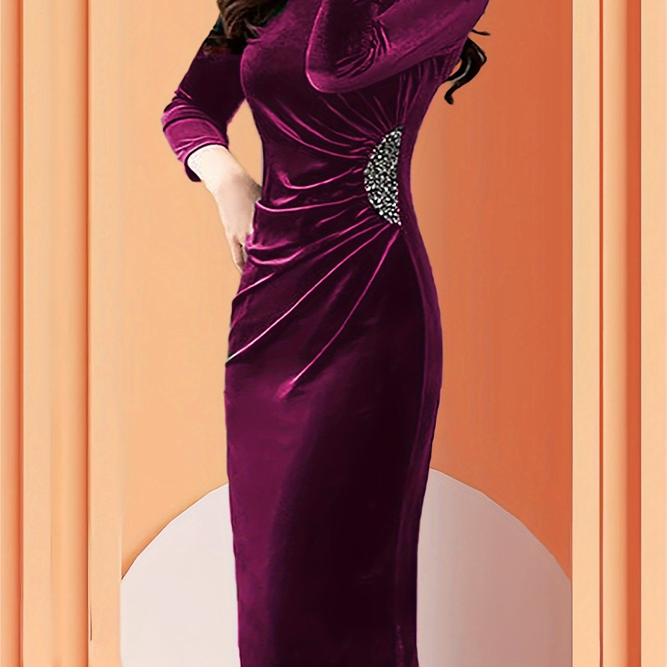 Elegant Velvet Bodycon Dress with Ruched Sleeves