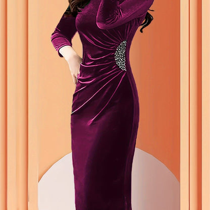 Elegant Velvet Bodycon Dress with Ruched Sleeves