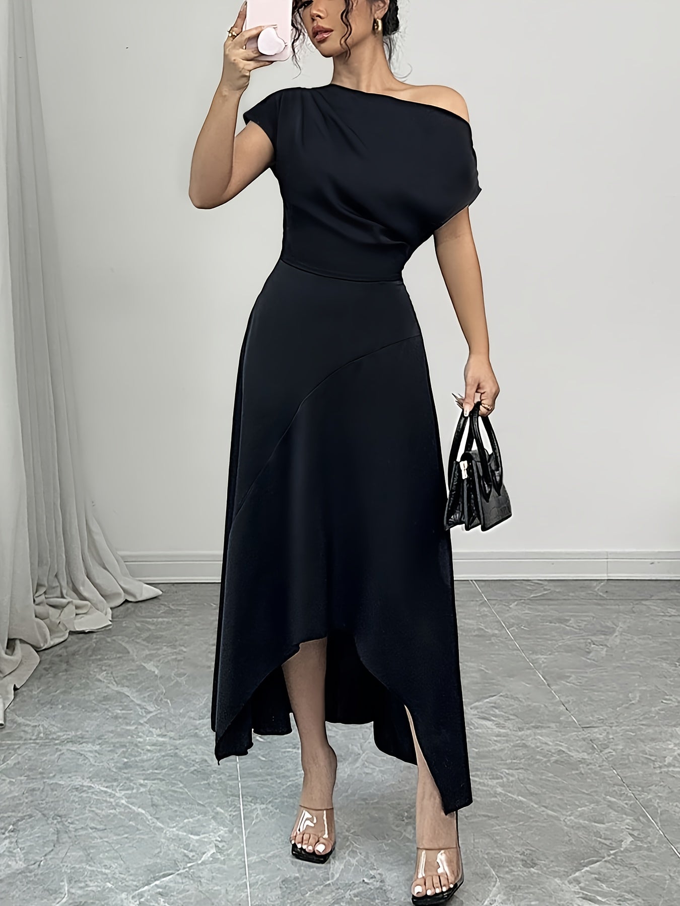 YY0309283 Premium One-Shoulder Dress for Women – Eye-Catching Irregular Hemline in Black