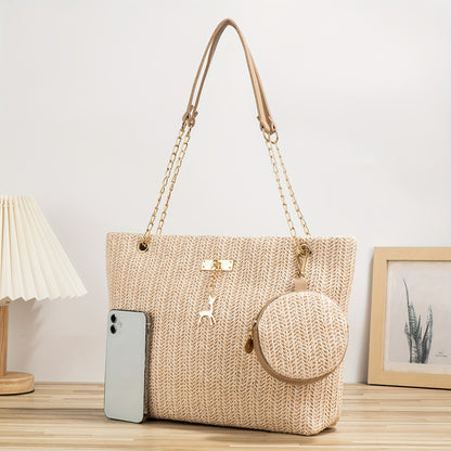 Fashionable Mini Straw Tote Bag for The Beach, Chain Shoulder Bag, Small Handbag, Paired with a Coin Purse. Suitable for Girls, Women, Students, Shopping, Travel, Vacations, Beaches, And Holidays.