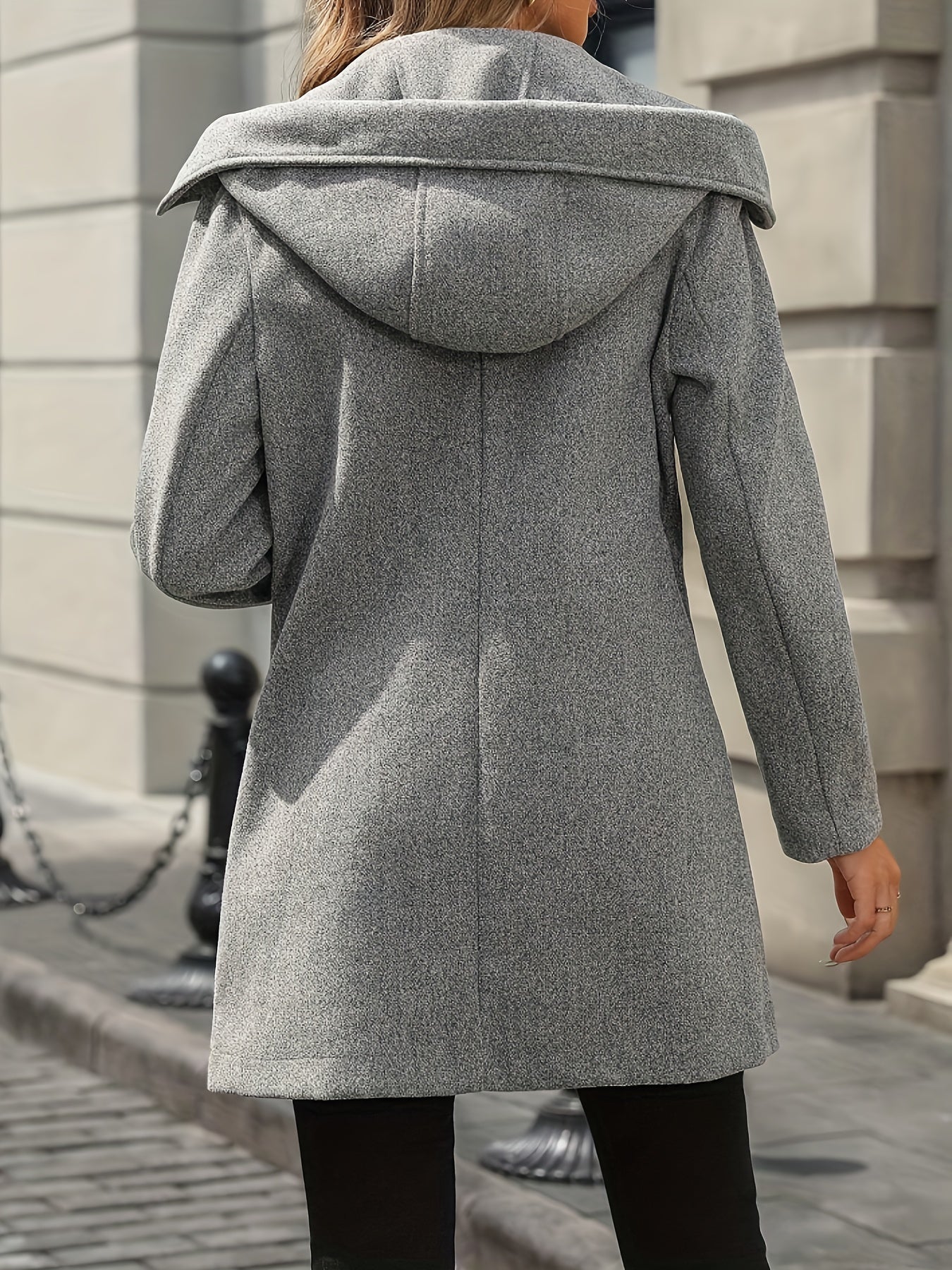 Casaco Elegante de Inverno para Mulheres com Gola Dupla - Jaqueta Comprida e Capuz, Botões Estruturados em Estilo Pied-de-poule (Sem Padrão), Lavável à Mão, Ídeal para Eventos Formais & Clima Frio (Cinza)