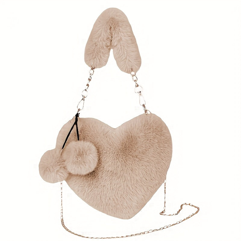 Women's Plush Heart-Shaped Shoulder Bag with Fluffy Pom-Pom Accent - Soft Imitation Fur Handbag, Zipper Closure & Wrist Strap, Cozy Winter Bag in Beige/Pink/White/Red/Black, Versatile for Everyday & Special Occasions