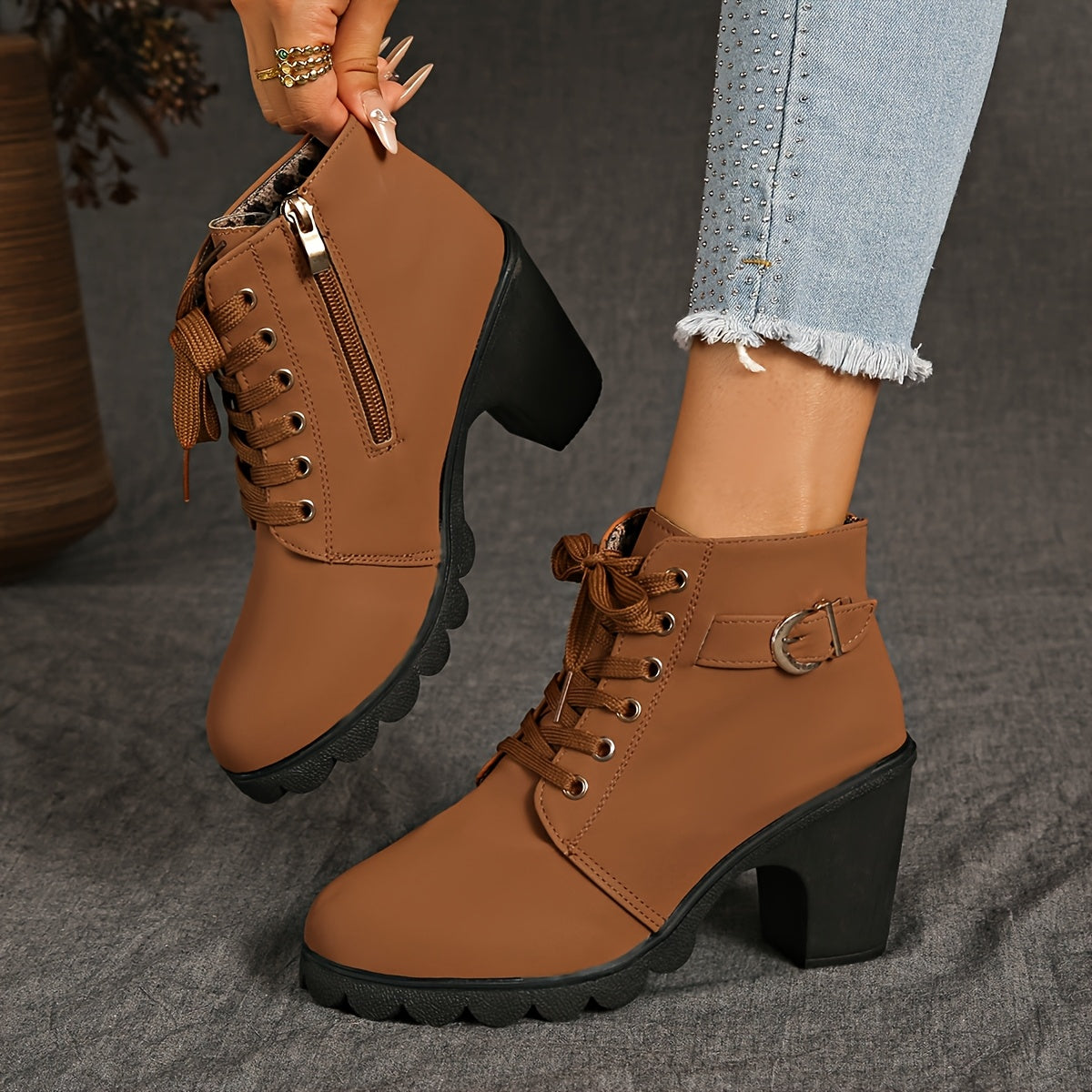 Women's booties - Women's platform wedge boots - non-slip rubber sole - imitation with a zipper closure in the middle heel - all season - winter - party and everyday shoes - inexpensive Women's shoes