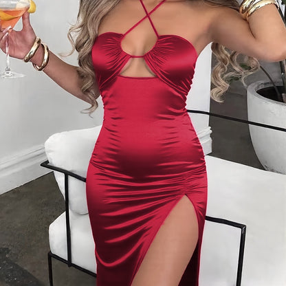 Elegant Criss Cross Neck Bodycon Dress with High Slit
