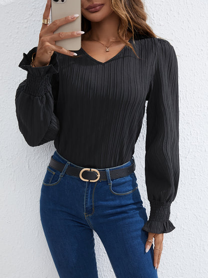 Stripe Textured V Neck Blouse, Casual Shirred Cuff Long Sleeve Blouse For Spring & Fall, Women's Clothing