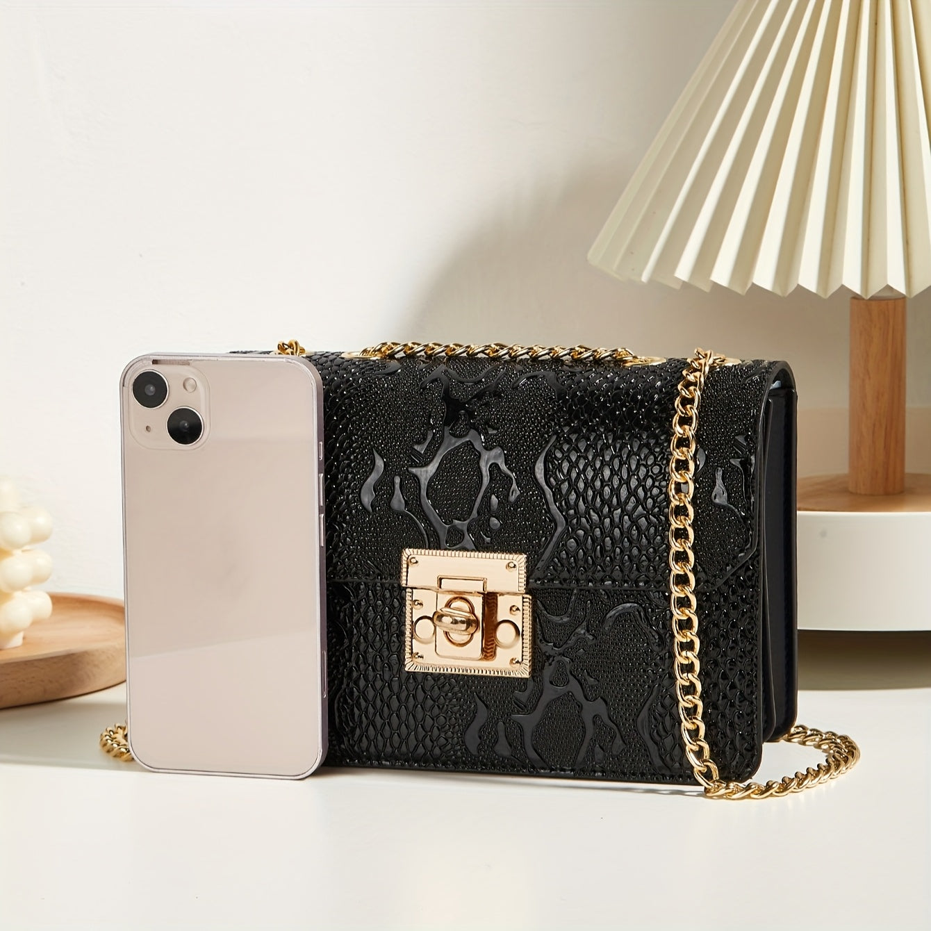 Vintage Women's Crossbody Bag - Black Synthetic Leather with Golden-Tone Chain Strap, Crocodile Texture Design, Detachable Shoulder Purse, Elegant Evening Clutch for Formal Occasions, Purse Crossbody