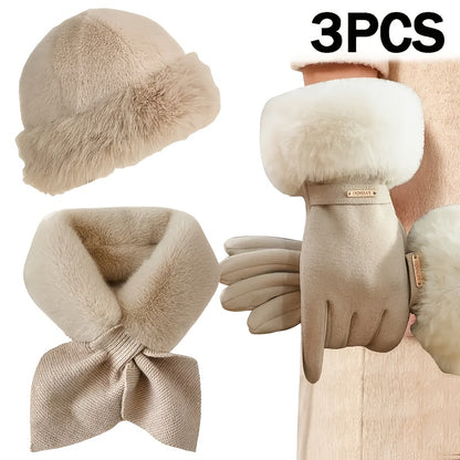 Conjunto de acessórios de inverno para mulheres, 3 peças, luvas de fleece espessas, lenço e chapéu, adequado para o tempo frio e atividades ao ar livre, para todas as estações, leve, ajustado, fecho de fivela, tecido, apenas lavagem à mão, acessórios de inverno | Luvas de fleece | Chapéu de fleece, roupas de inverno