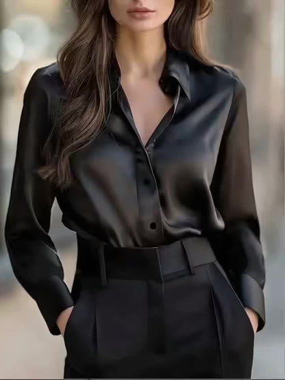 Women'S Elegant Satin Shirt - Long Sleeve Blouse with V-Neck, Button-Front Closure, Office to Party Tops - Soft Satin-like Fabric for Women - Spring/Fall Wardrobe