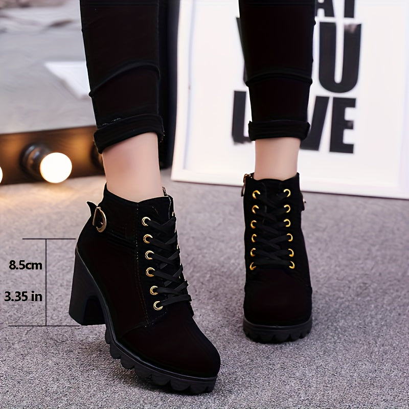 Chunky Block Heel Dress Boots with Side Zipper & Lace-Up Closure - Mid-Calf Length, Round Toe,  Upper &  Sole - All-Season Casual/semi-Formal Wear (Solid Color)