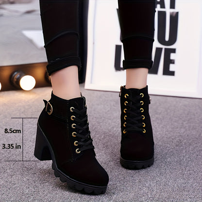 Chunky Block Heel Dress Boots with Side Zipper & Lace-Up Closure - Mid-Calf Length, Round Toe,  Upper &  Sole - All-Season Casual/semi-Formal Wear (Solid Color)