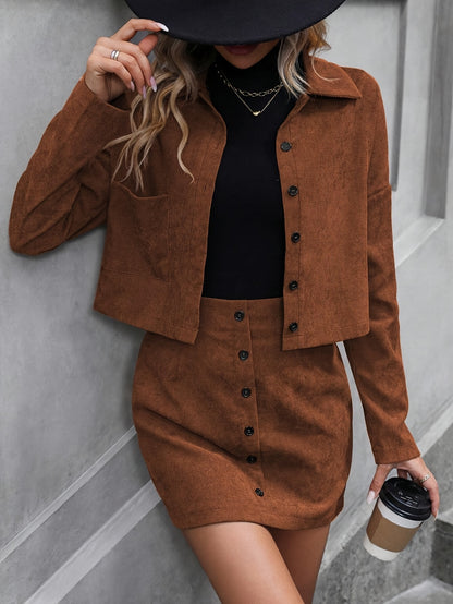 Elegant 100% Polyester Suit Set – Cardigan Jacket + Button Skirt