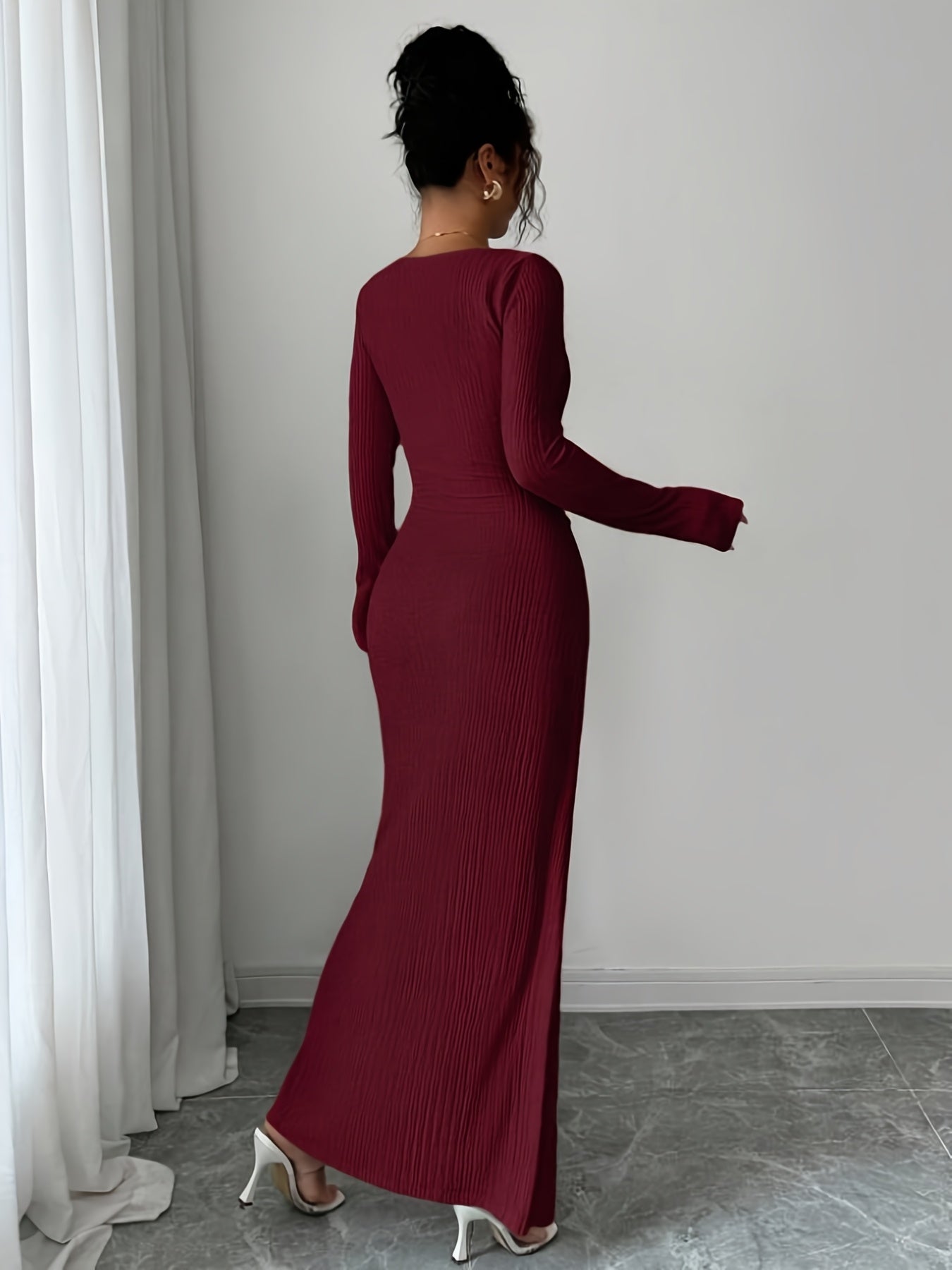 Women's Elegant Long Sleeve Mermaid Dress with Asymmetrical Neckline & Slit - Long Train Maxi Length, High-Low Hem, Brown (Formal Wedding Guest/Bridesmaid Gown) - Machine Washable Stretch -like Party Wedding Dress