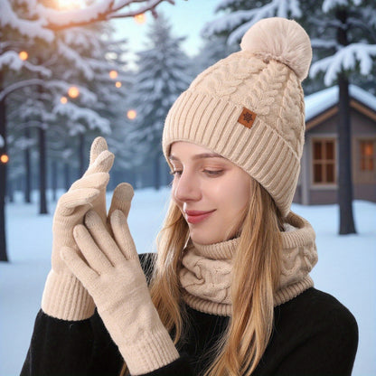 Conjunto de Inverno Quente para Adulto 3 peças - Chapéu, Cachecol & Luvas, Roupa 3-em-1 Espessa Resistente ao Frio e Moderna para Deslocações Diárias, Compras & Atividades ao Ar Livre, Design Ajustado de Cor Sólida com Tema de Natal, Lavar à Mão, Roupa com Tema de Natal