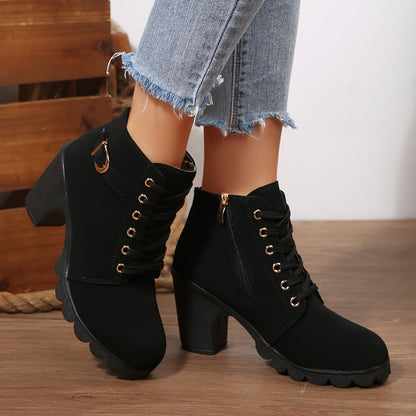 Women'S Comfortable Elegant Outdoor Lace-Up High Heels with Chunky Heel Side Zipper High Heel Ankle Boots, Solid Color, All-Season, Plain Toe, Faux Cover, Fabric Inner and Insole, Hand Washable, Casual Dress Shoes | Laceup Ankle Boots | Faux Cover Boots