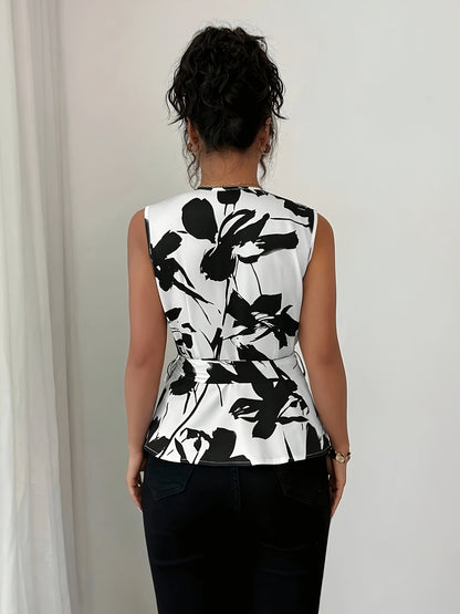 Women'S Elegant V-Neck Blouse with Black & White Leaf Print - Sleeveless, Button-Up Shirt with Tie Waist, Perfect for Casual or Stylish Outfits, Casual Chic Wear | Vneck Blouse | Stylish Buttonup, Elegant Blouse For Women, Pretty Blouse For Women, Peplum Top For Women, Bell-shaped Blouse From Waist, Green Elegant Blouse For Women, Crossed Blouse For Women