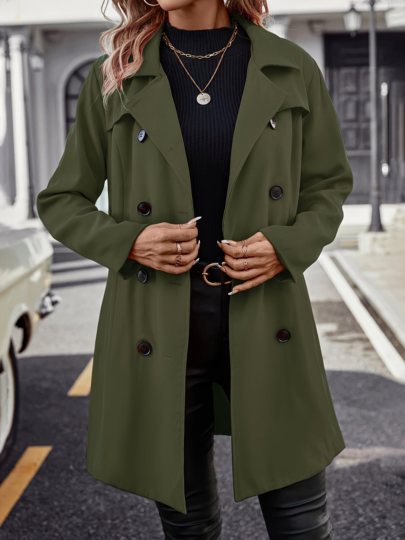 Casaco Trench Elegante Verde Oliva para Mulher - Fecho Estruturado com Botões, Manga Comprida, Abotoadura Simples, Cor Sólida, Perfeito para Outono/Inverno, Roupa Casual a Formal, Peça de Moda Versátil | Casaco de Estilo Clássico | Casaco de Corte Ajustado