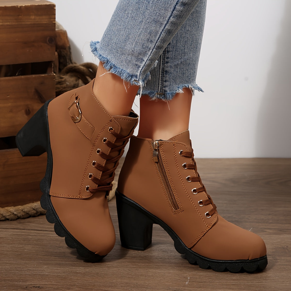 Women'S Comfortable Elegant Outdoor Lace-Up High Heels with Chunky Heel Side Zipper High Heel Ankle Boots, Solid Color, All-Season, Plain Toe, Faux Cover, Fabric Inner and Insole, Hand Washable, Casual Dress Shoes | Laceup Ankle Boots | Faux Cover Boots