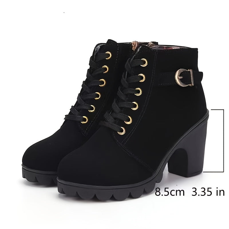Women's Elegant Faux Cover Chunky High-Heel Ankle Boots with Golden Buckle & Zipper Closure - Round Toe PU Cover Upper, All-Season Black Boots with Golden Hardware for Casual & Formal Events, Office, Parties - Comfortable & Durable Everyday Boots, Chunky Boots for Women, Woman High Heels Boots, Lightweight Boots for Women Plus Size, Boots with Heels, Wide Width Boots for Women