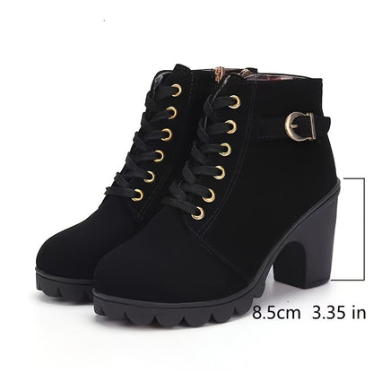 Women's Elegant Faux Cover Chunky High-Heel Ankle Boots with Golden Buckle & Zipper Closure - Round Toe PU Cover Upper, All-Season Black Boots with Golden Hardware for Casual & Formal Events, Office, Parties - Comfortable & Durable Everyday Boots, Chunky Boots for Women, Woman High Heels Boots, Lightweight Boots for Women Plus Size, Boots with Heels, Wide Width Boots for Women