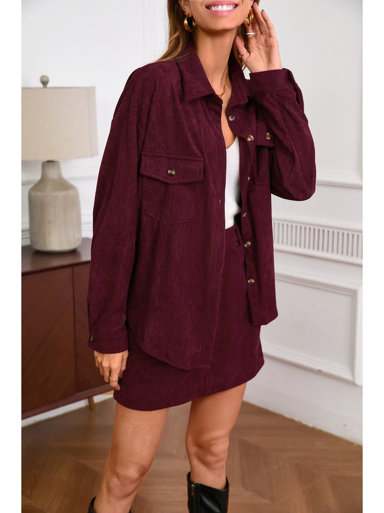 Women'S Elegant Maroon Button-Up Jacket & Skirt Set - Long Sleeve, Non-Stretch Fabric, Solid Color, Versatile Fall/Winter Outfit with Ankle Boots and Quilted Design, Casual to Formal Wear, Casual Attire|Quilted Skirt|Buttonup Jacket